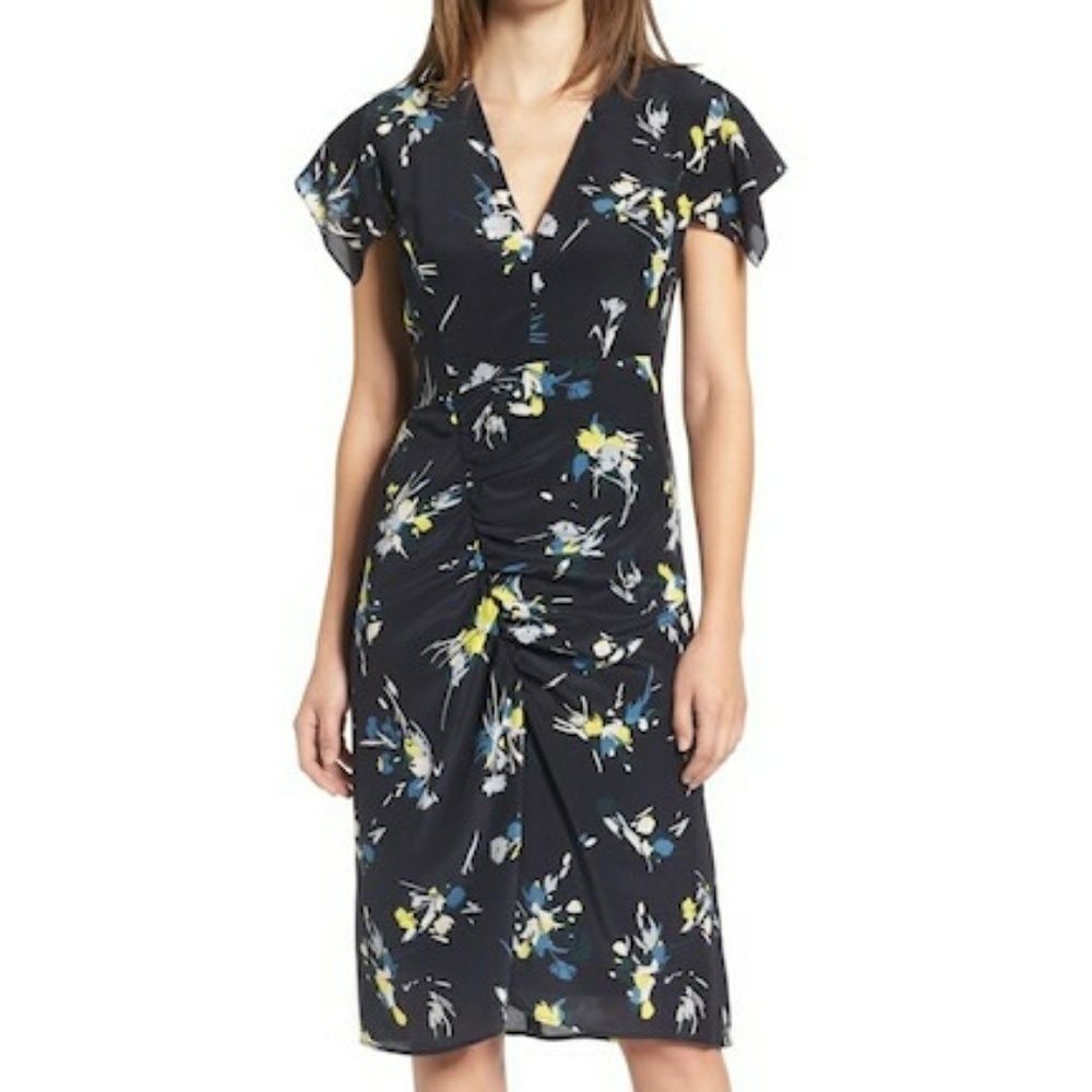 Lewit Silk Floral Side Ruched Dress size 16 NWT